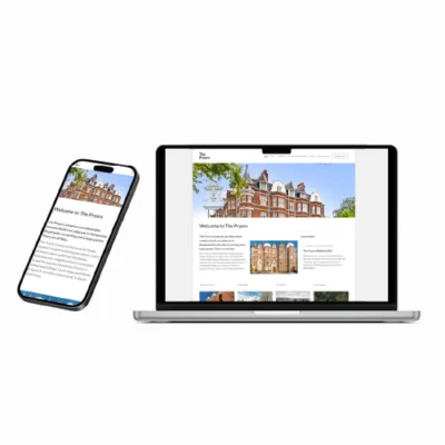 A visual of a desktop view of The Pryors website design and a responsive design view on a mobile device.